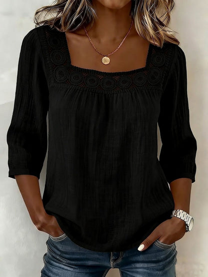 Lace Trim Cotton And Linen Square Neckline And Three-quarter Sleeves T-shirts