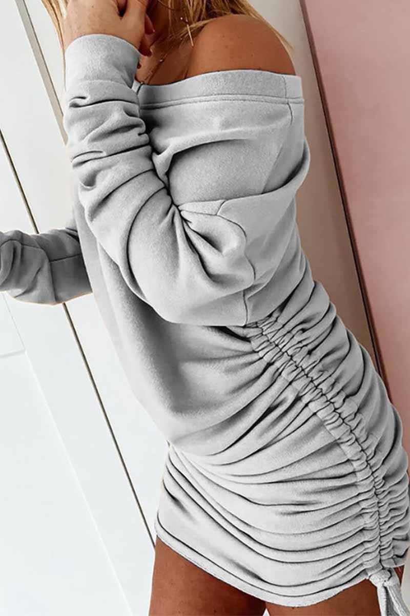 Off-Shoulder Asymmetric Neckline Side Ruched Drawstring Sweatshirt Mini Dress