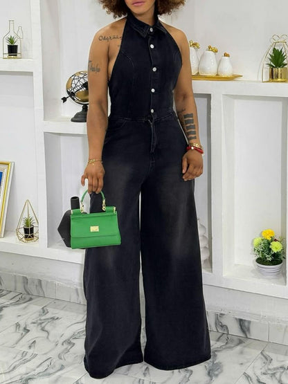Collared Halter Neck Single-breasted Backless Denim Jumpsuit