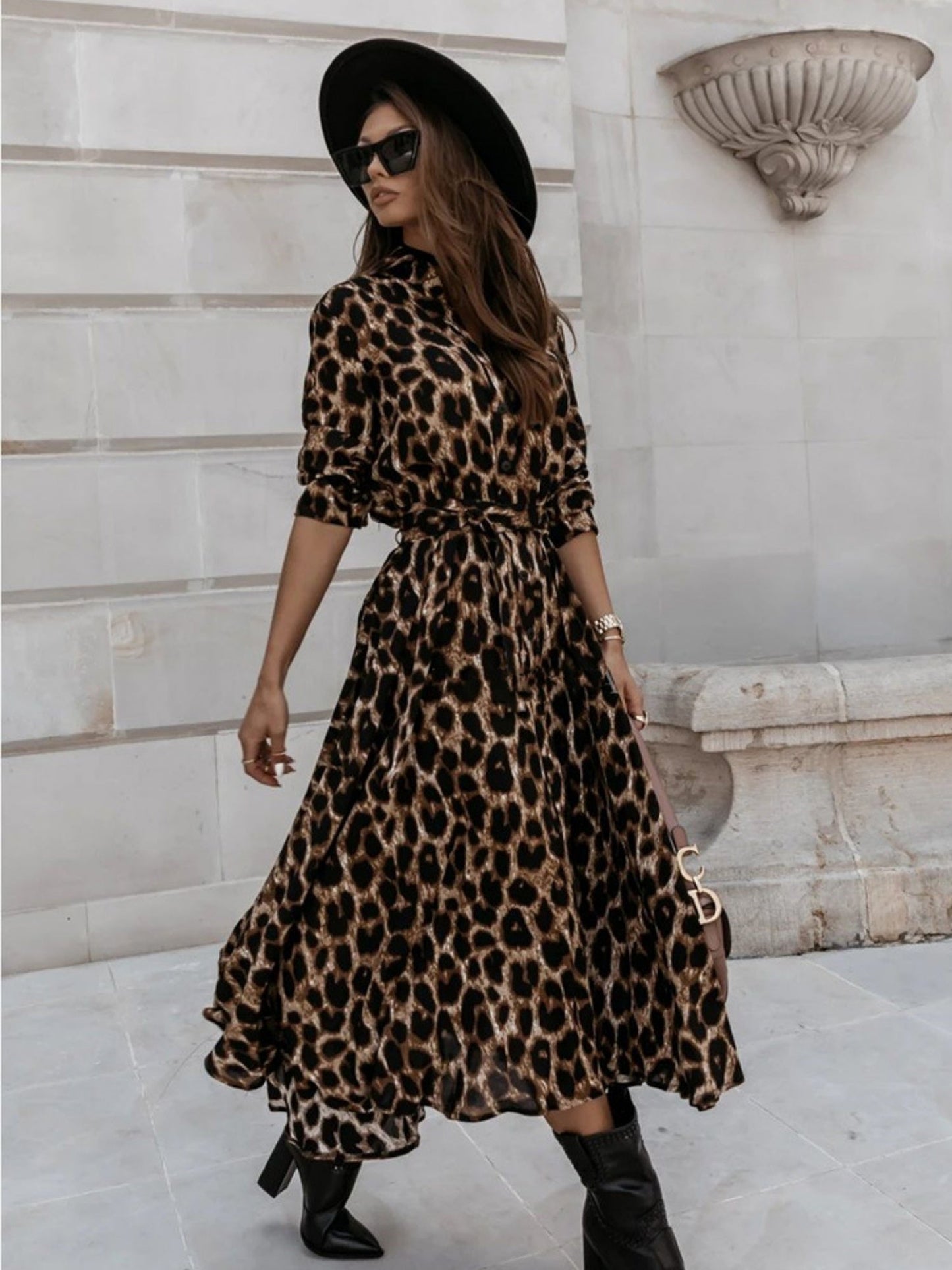 Leopard Print Long Sleeves Large Skirt Maxi Dresses