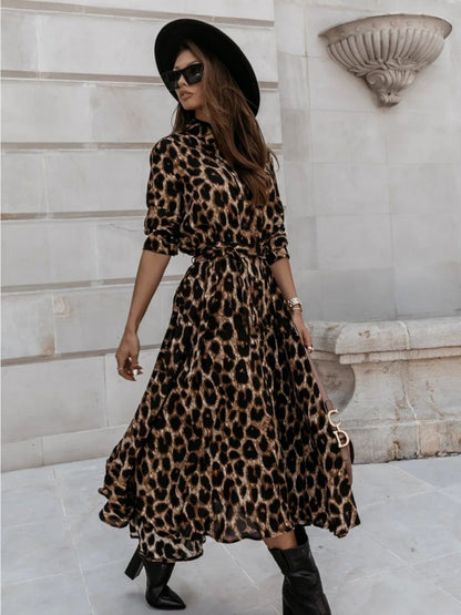 Leopard Print Long Sleeves Large Skirt Maxi Dresses