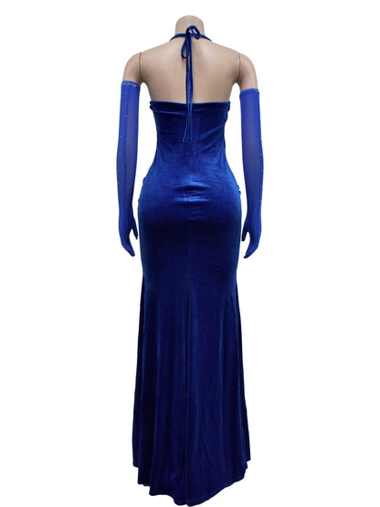Lace And Velvet Patchwork Rhinestone-studded Evening Gown Mesh See-through Halter Neck Slit Maxi Dresses