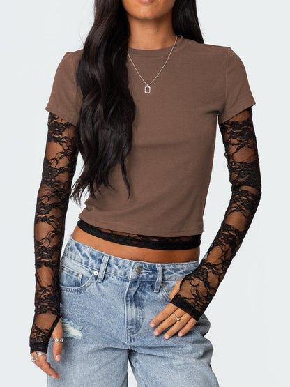 Lace Patchwork Layered-look Long-sleeved Crew Neck T-shirts