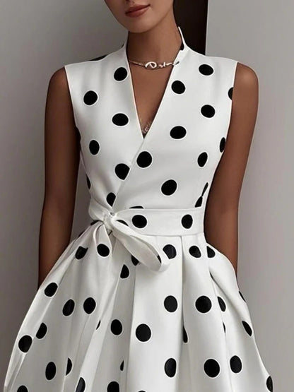Polka Dots Sleeveless Waist Midi Dresses