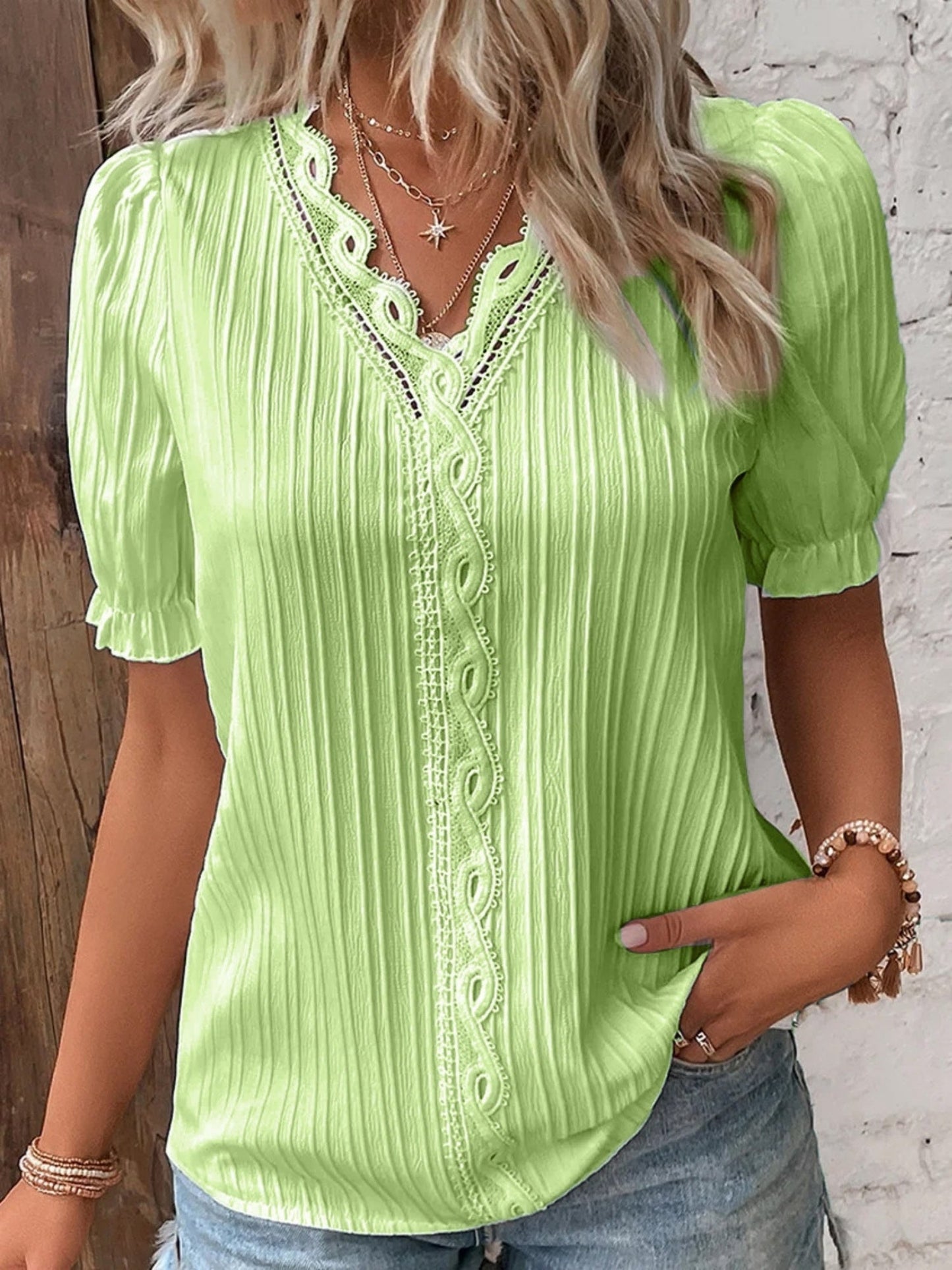 Openwork Lace Puff Sleeve V-neck Vertical Stripes T-shirts