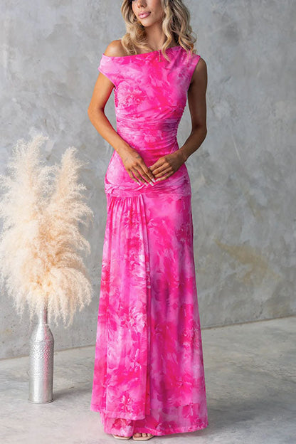 Asymmetric Shoulder Ruched Waist Floral Print Maxi Dress