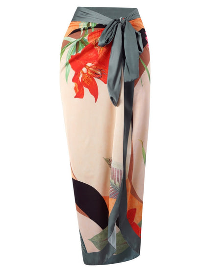 One-piece Swimsuit With Cross-over Print, Revealing Backpack And Hip-revealing Long Skirt (two-piece Set)