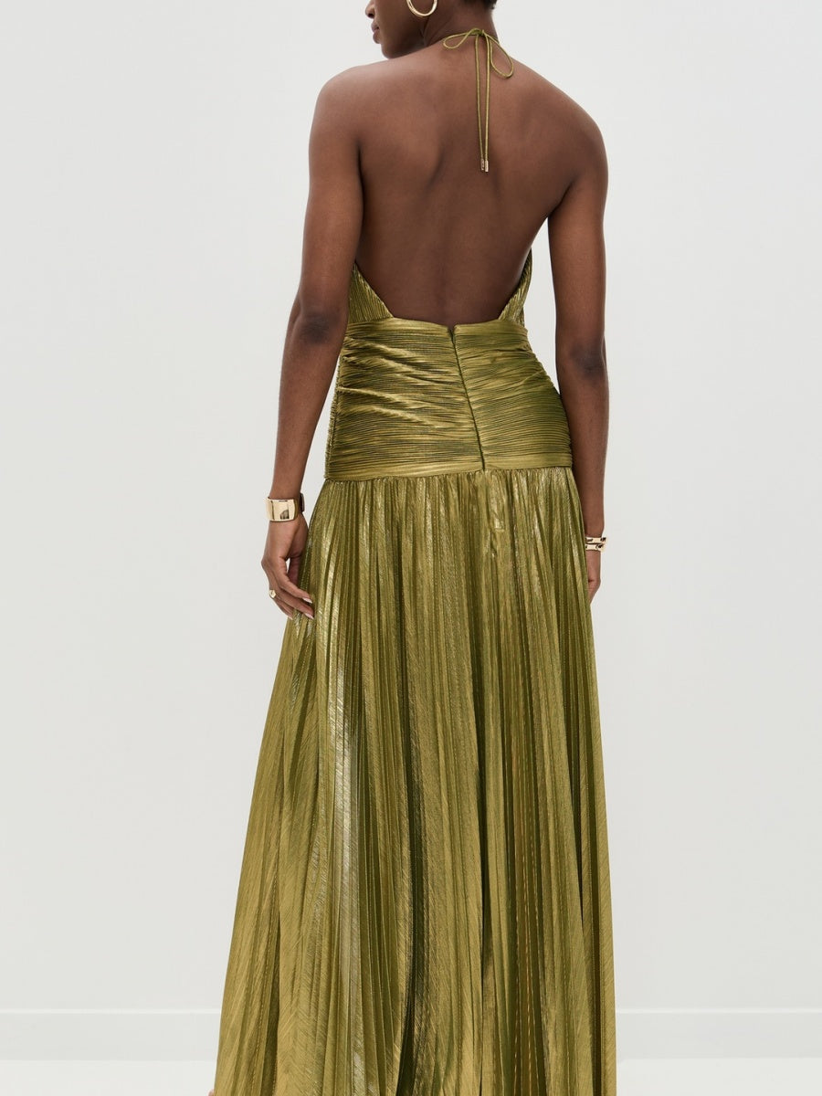 Metallic Halter Neck Style Crimp Slit Thin Strap Sleeveless Backless Cocktail Party Parties Formal Dress Long Dress