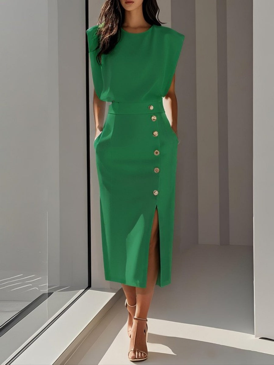 Crew Neck Waist Slit Metal Buttons Sleeveless Midi Dresses