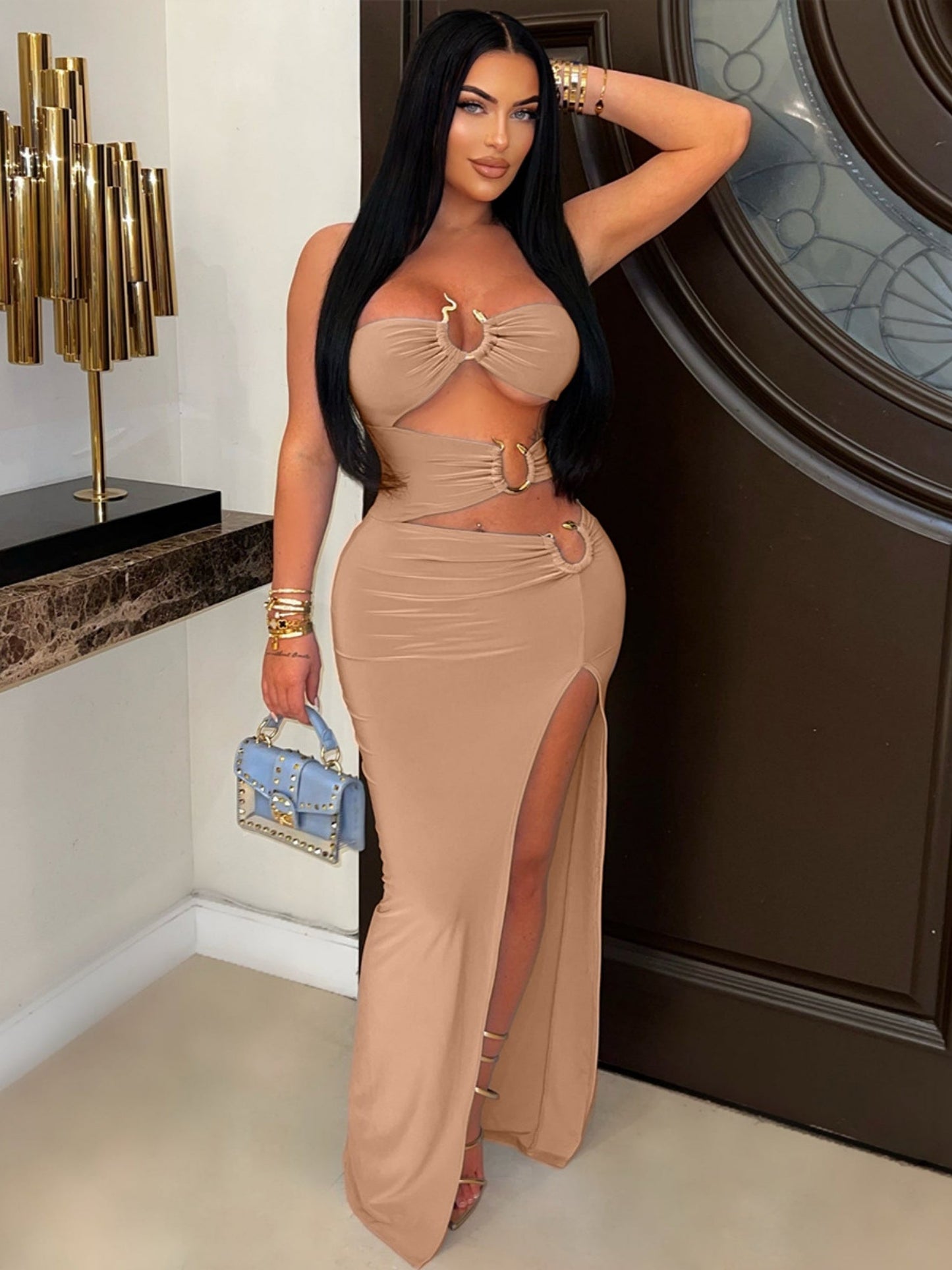 Hollow Out Metal Ring Splicing High Fork Hip Wrap Pleated Maxi Dresses