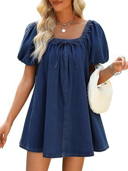 Denim Lace Up Square Neckline And Puff Sleeves Mini&Short Dresses