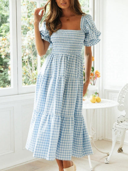 Plaid Puff Sleeve U-neck Mini&Short Dresses