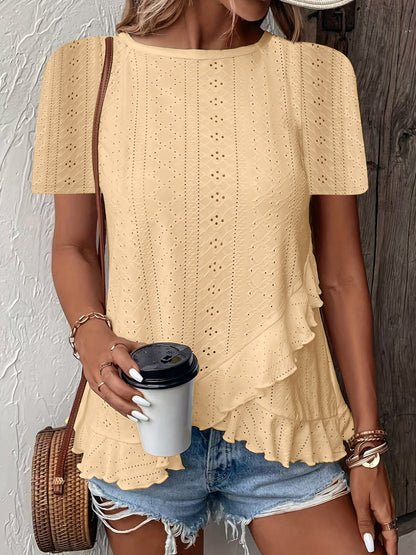 Jacquard Hollow Out Ruffle Crew Neck Short Sleeve T-shirts