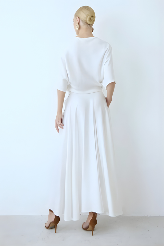 Asymmetric Cape-Shoulder Wrap Midi Dress