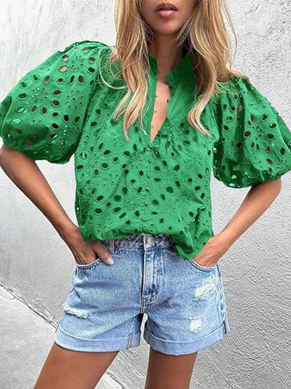 V-neck Buttons Hollow Lace Embroidery Shirts