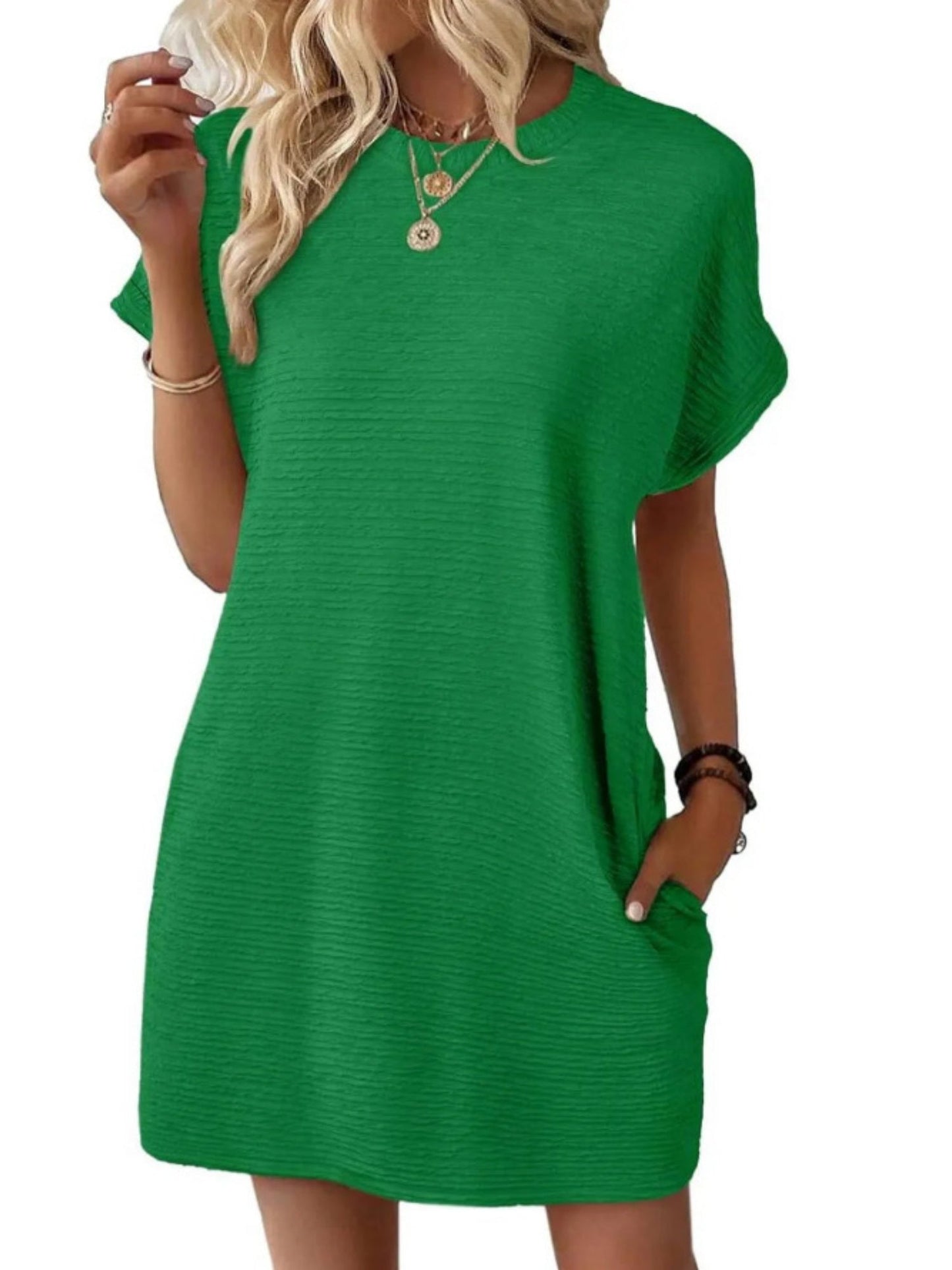 Pocket Crew Neck Short Sleeve Loose-fit Mini&Short Dresses
