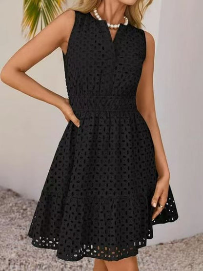 Hollow Holes V-neck Sleeveless A-line Skirt Mini&Short Dresses
