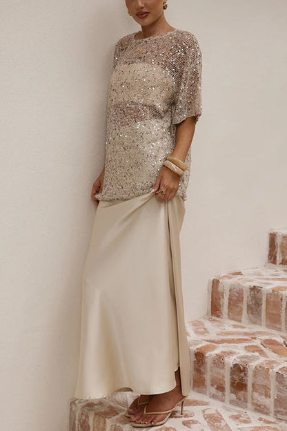Crewneck Half Sleeves Crochet Hollow Out Sequin Top