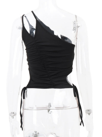 Hollow Out Metal Decoration Sloping Shoulders Backless Tank Tops