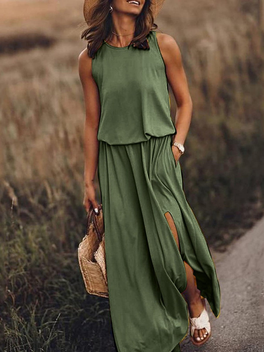 Round Neck Sleeveless Slit Long Dress