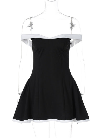 Color-blocked Off-shoulder Backless Waist Shaping Mini&Short Dresses