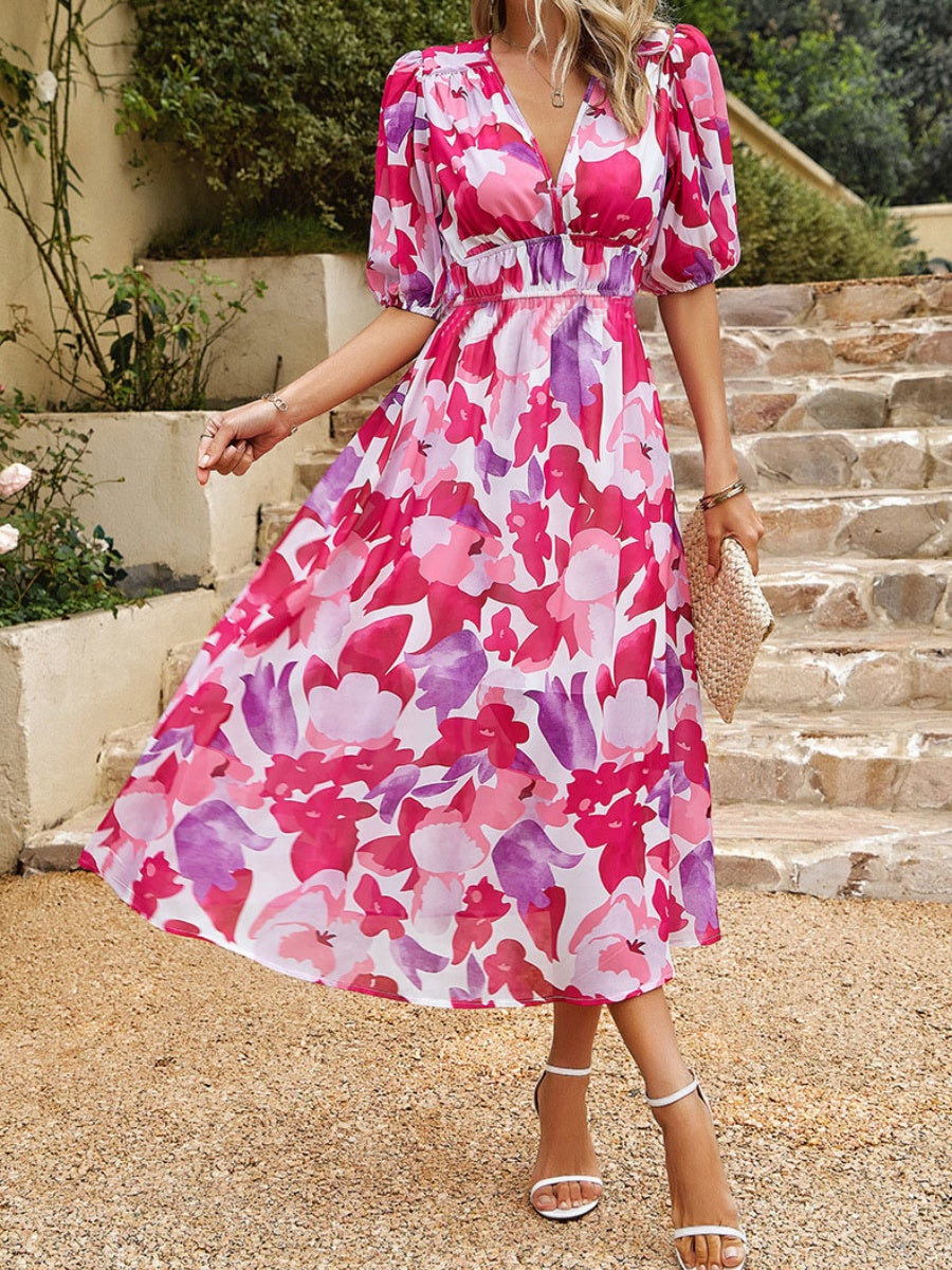 Floral Short Sleeve V-neck Vacation And Leisure Maxi Dresses