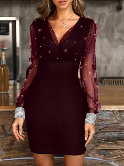 Mesh Splicing Sequined Cuffs V-neck Waist Shaping Mini&Short Dresses
