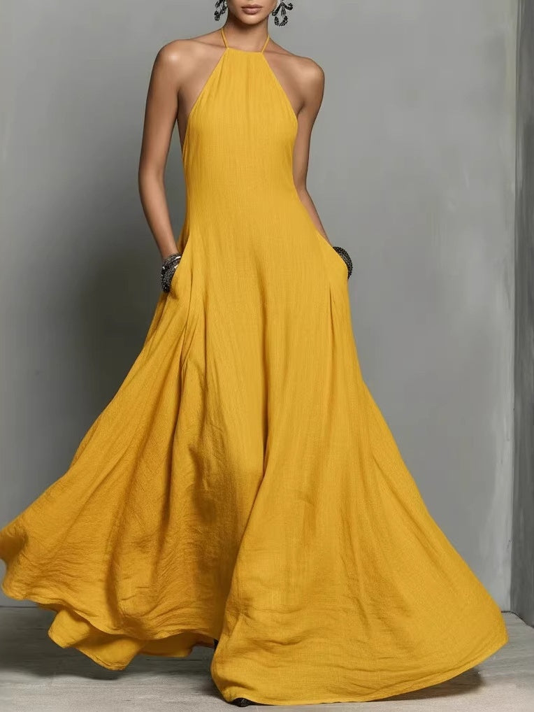 Halter Solid Color Backless Sleeveless Long Vacation Style Dress