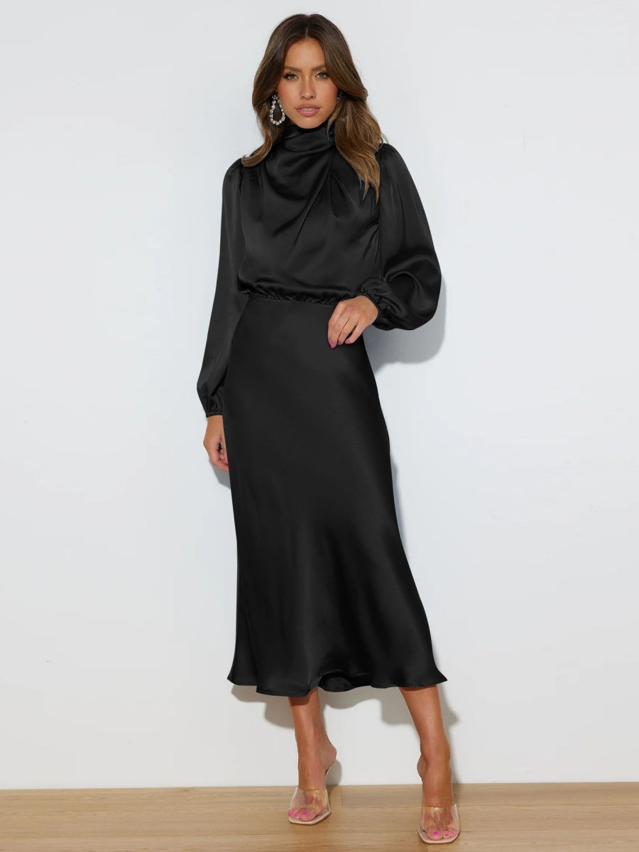 Satin Long Sleeve Loose Turtleneck Midi Dresses