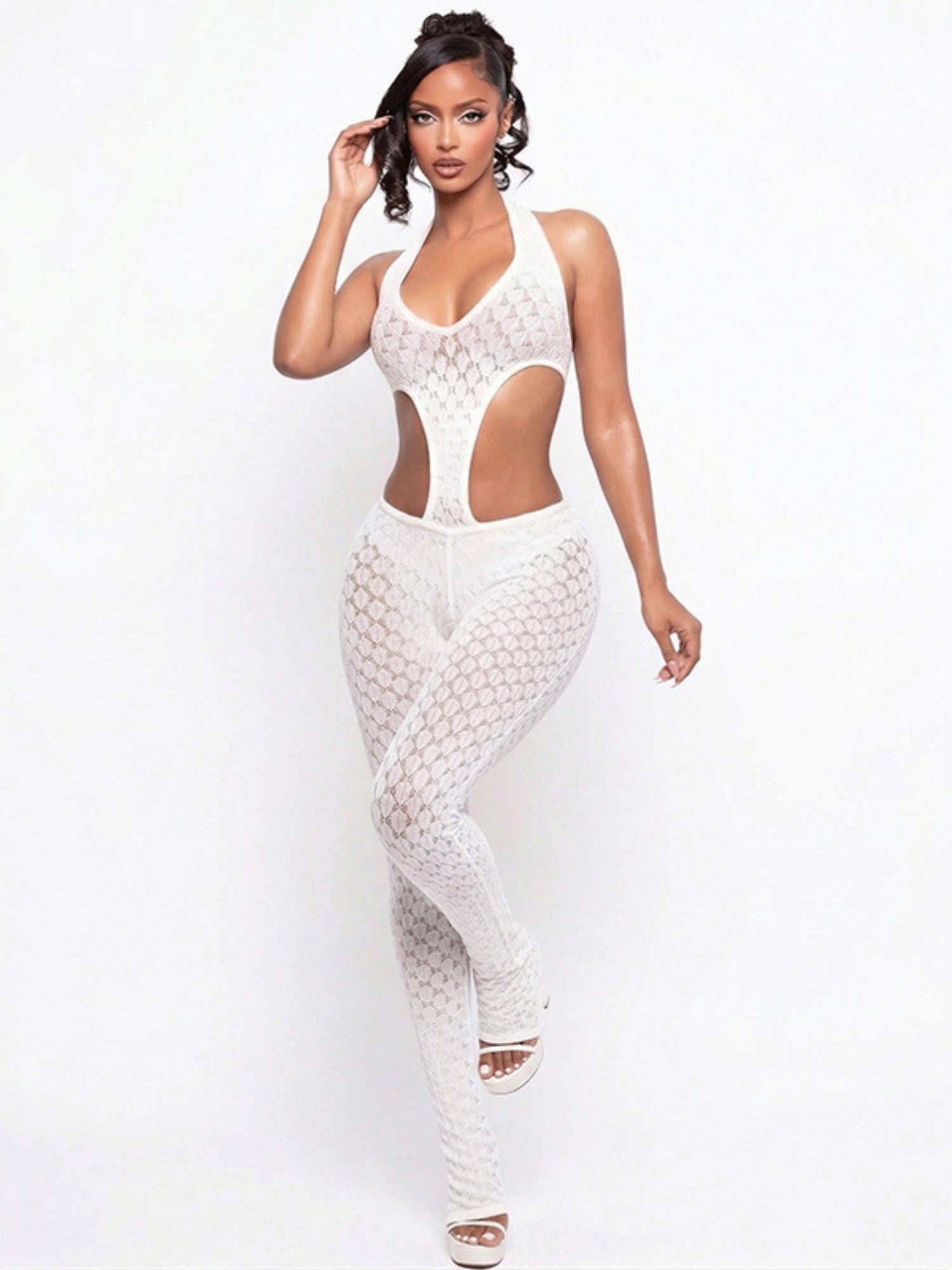 Hollowed-out Perspective Slimming Knitting Deep V Jumpsuits