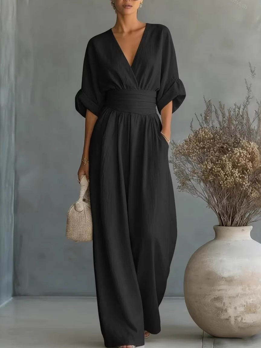 Waist-cinching V-neck Elegant Women's Jumpsuit