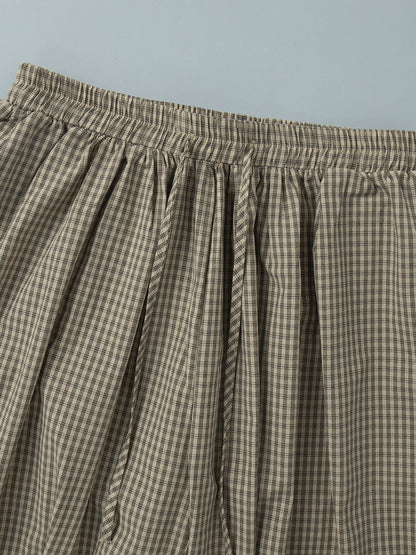 Cotton Blend Lantern Pants Plaid Breathable Leisure Pants