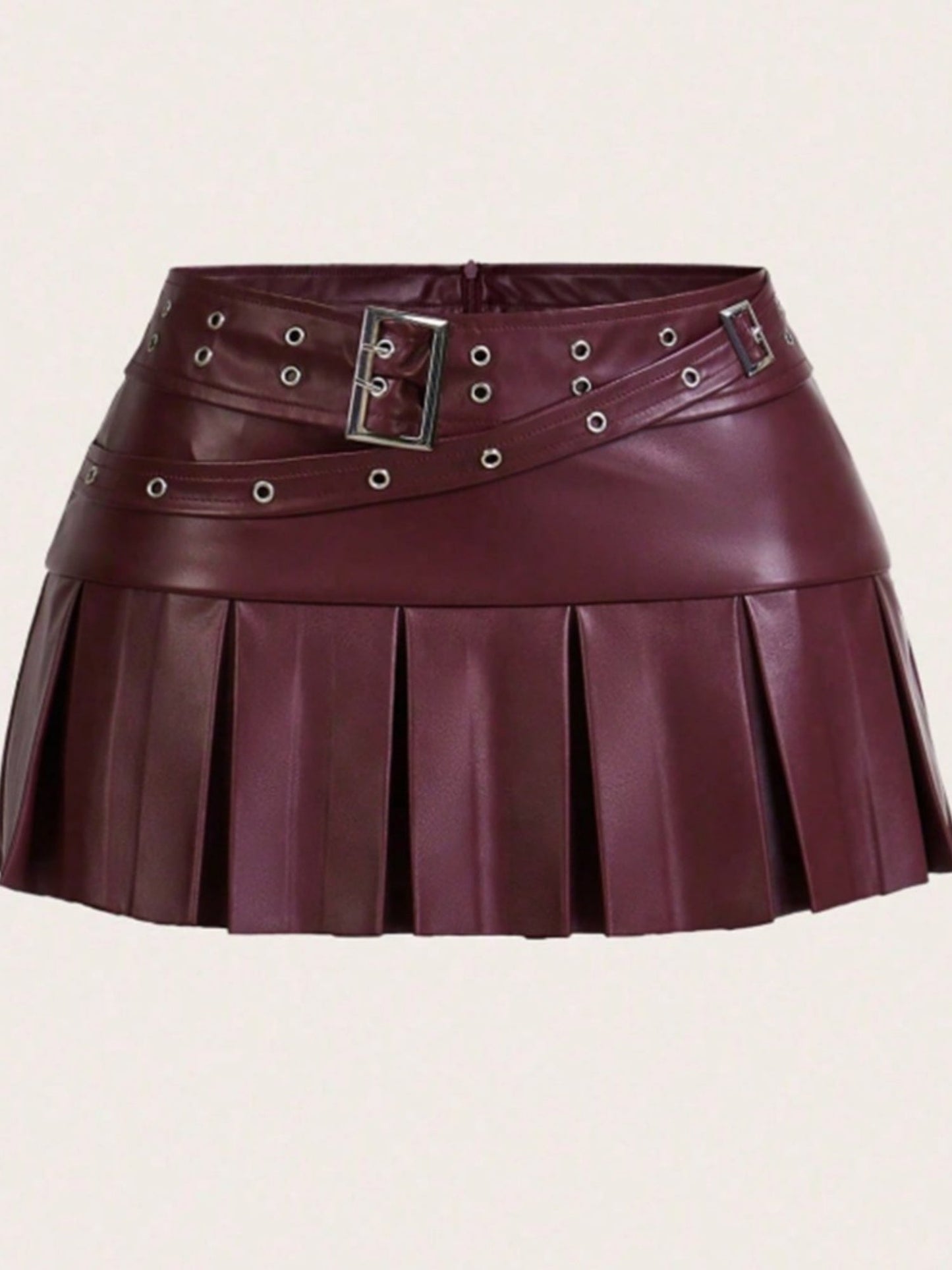 PU Leather Double-pin Square Buckle Pleated Skirt
