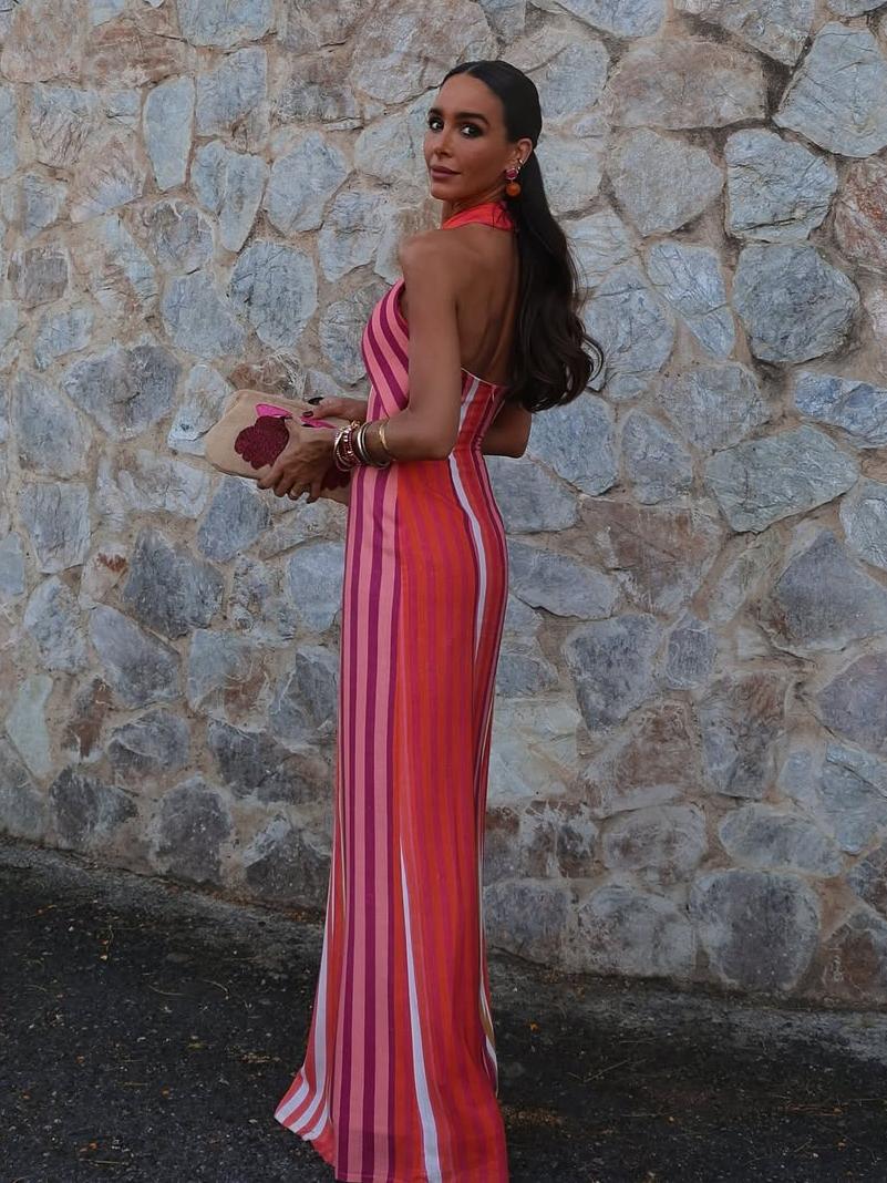 Cross Halter Neck Vertical Stripe Bodycon Midi Dress