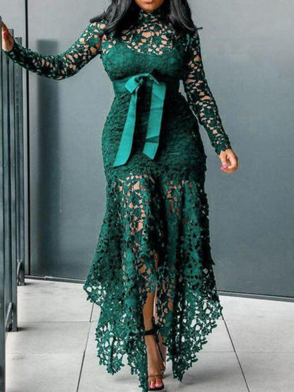 Lace Cutout Lace Up Stand-up Collar Long Sleeves Maxi Dresses