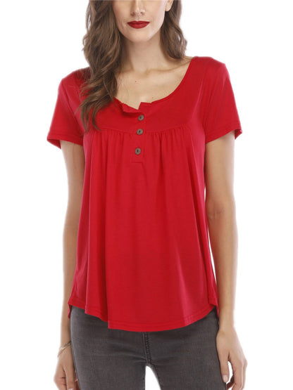 V-neck Pleated Buttons Loose-fit Short-sleeved T-shirt