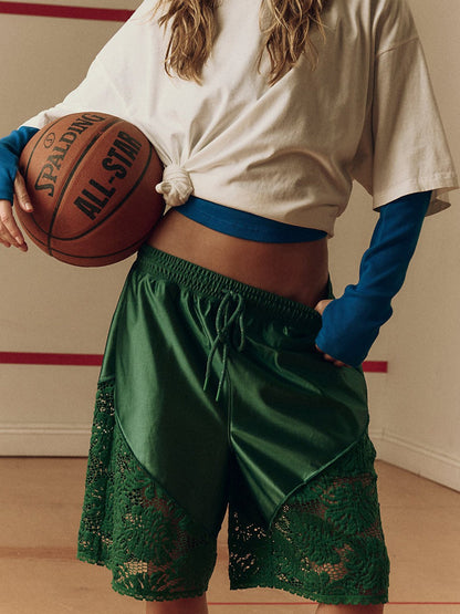 Lace Patchwork Lace Up Loose-fit Athletic Shorts