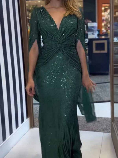 V-neck Hip-hugging Sequins Cloak Parties Maxi Dresses