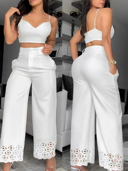 High Waist Hollow Straight-leg Pants Camisoles White Suit 2-piece Sets