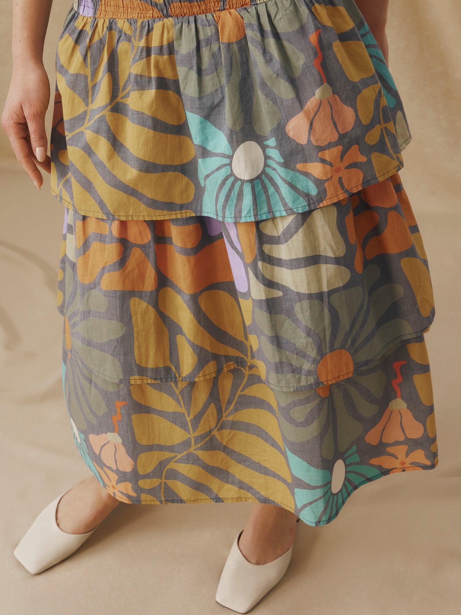Mock Neck Smocked Bodice Sleeveless Botanical Print Tiered Midi Dress