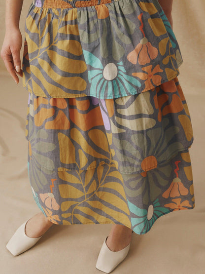 Mock Neck Smocked Bodice Sleeveless Botanical Print Tiered Midi Dress