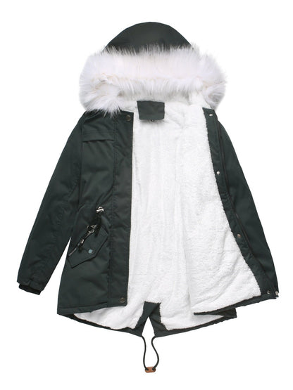 With Fur Collar Fleece Lined Hooded For Warmth Drawstring Pocket Down Jacket