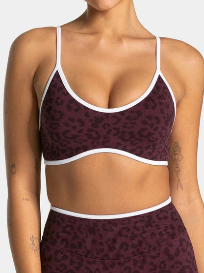 Leopard Print Contrasting Edging Yoga Bra Shockproof Slings Sports Vest