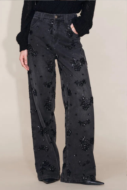 Jhenie Beaded Sequin Floral Wide-Leg Denim Jeans