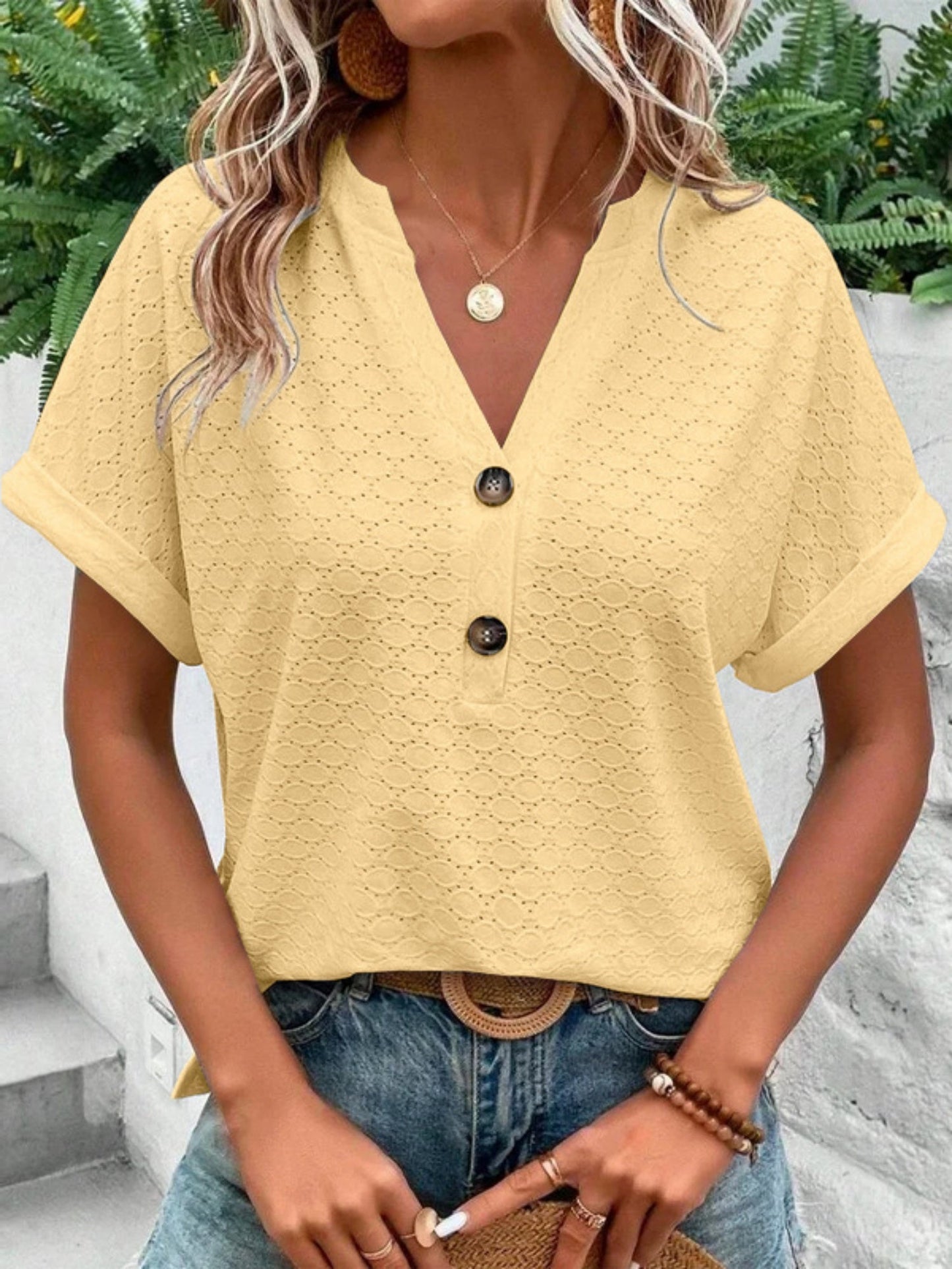 Knitting Buttons V-neck Short Sleeve T-shirts