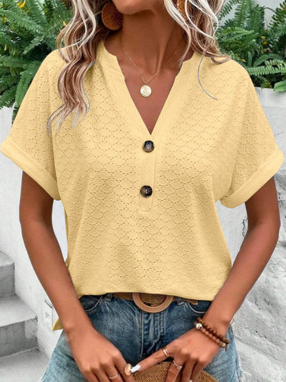 Knitting Buttons V-neck Short Sleeve T-shirts