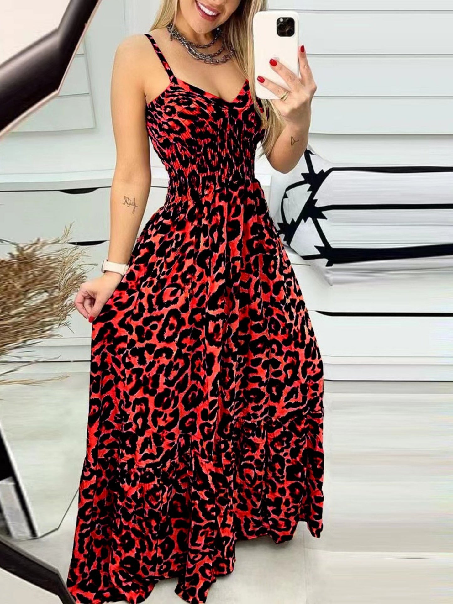 Leopard Print Spaghetti Strap Backless High-waisted And Slimming Maxi Dresses