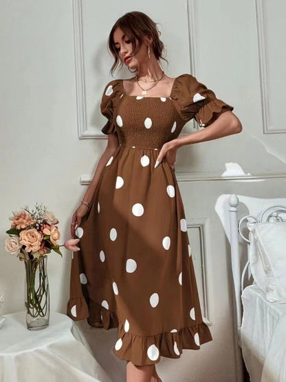Square Collar Polka Dots Short Sleeve Ruffle Vacation And Leisure Maxi Dresses