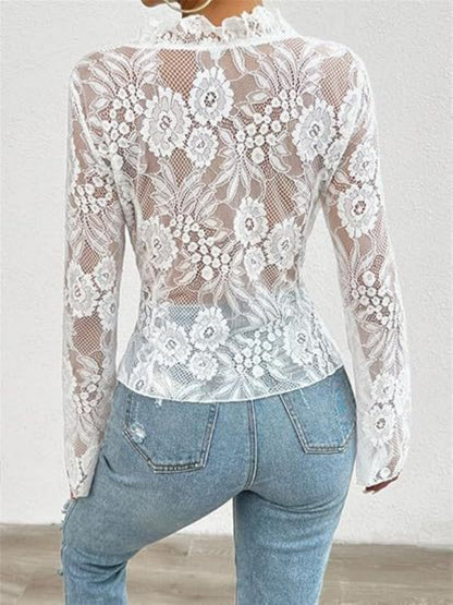 Lace See-through Ruffle Open Front With Tie Sweet T-shirts