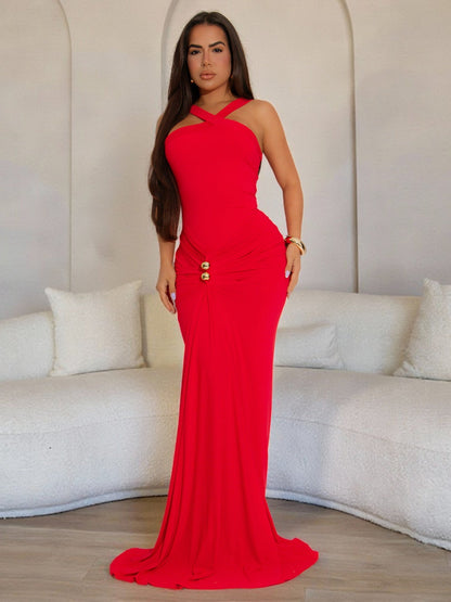 Metal Decoration Cross Shoulder Straps Hip Wrap Pleated Maxi Dresses